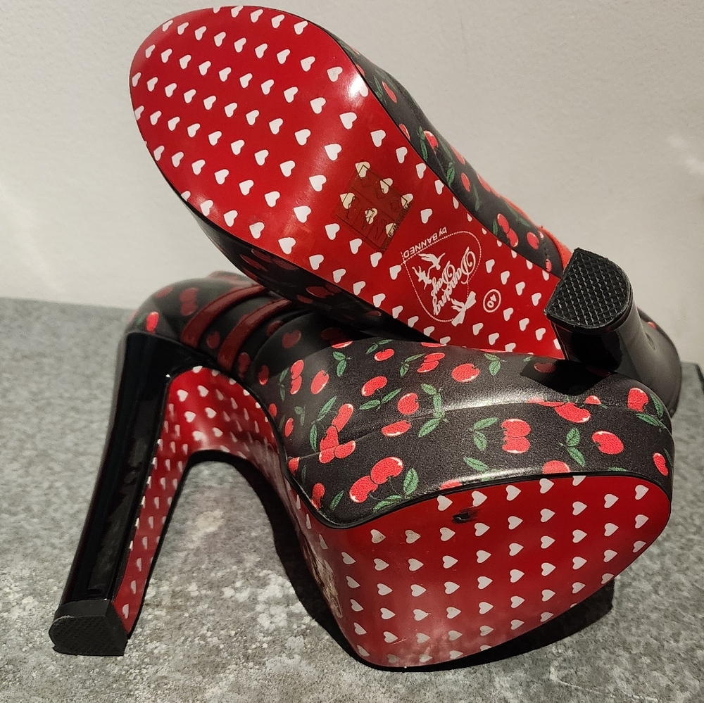 Retro Pin-Up Cherry Print Double Strap Heels by Banned Dancing Days - Picture 7 of 10